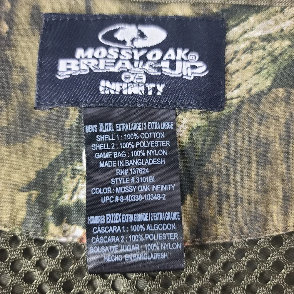 MossyOak Break-Up Infinity Outdoor Sports Vest. Men's XL/2XL Green Camo